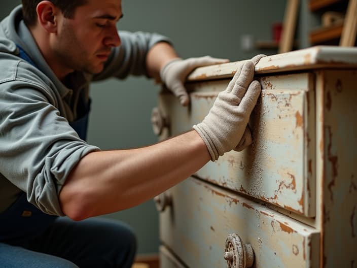 Person sanding and painting an old dresser