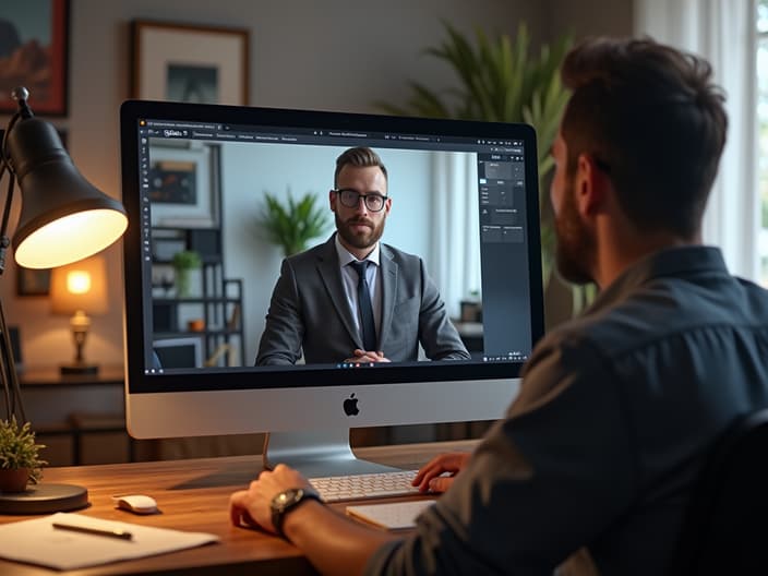 Person setting up for Skype interview, well-lit home office with professional background