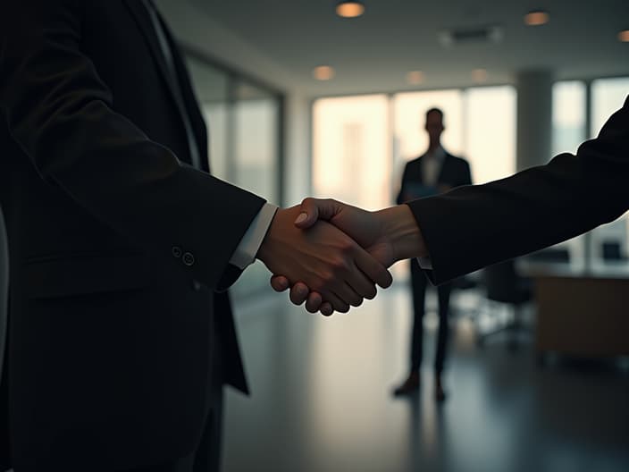 Person shaking hands with a shadowy figure, office setting, studio lighting