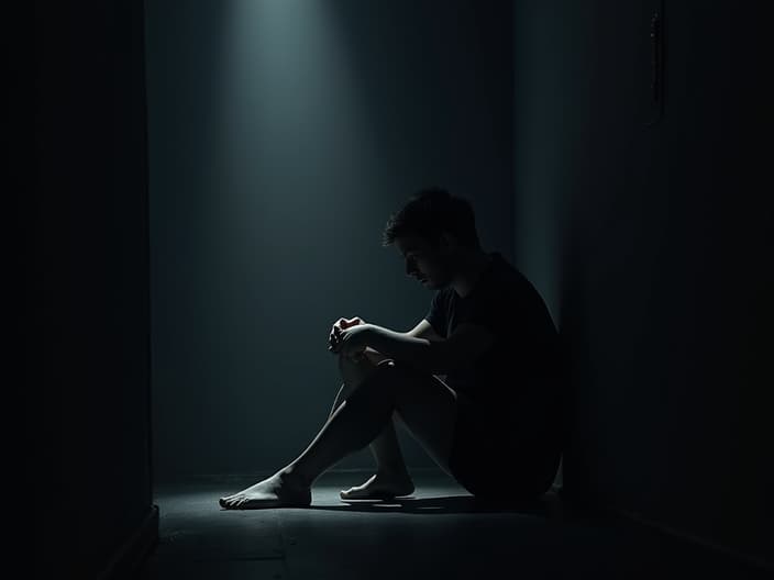 Person sitting alone in the dark, with a crisis hotline number nearby