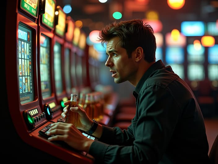 Person sitting at a slot machine, looking worried and surrounded by empty beer bottles