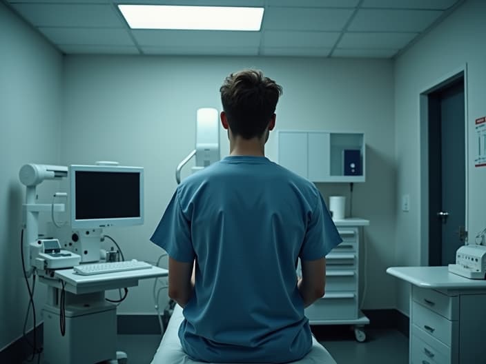 Person sitting on a doctor's examination table, studio lighting