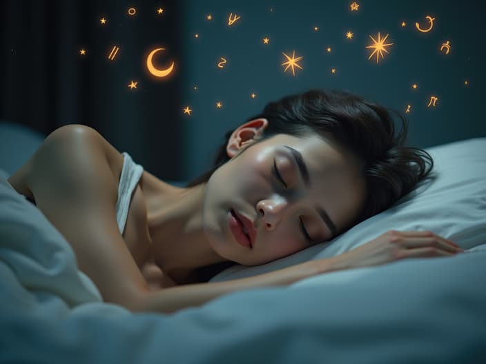 Person sleeping with floating dreams and zodiac symbols, soft focus studio shot, dream interpretation theme