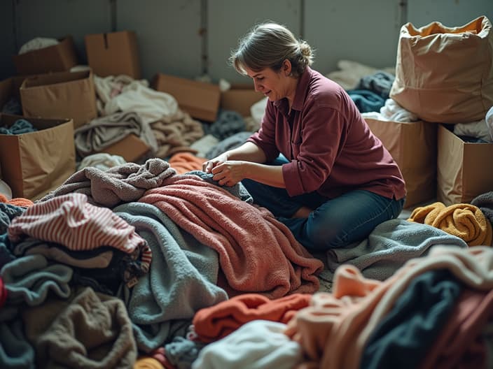 Person sorting through piles of clothes and donation bags