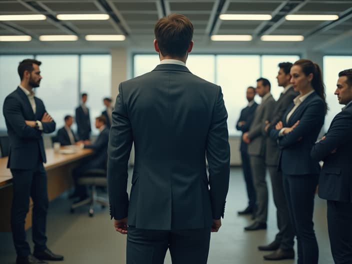 Person standing apart from a group in an office setting