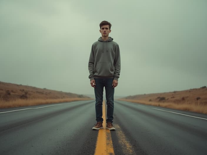 Person standing at a crossroads, with a confused expression