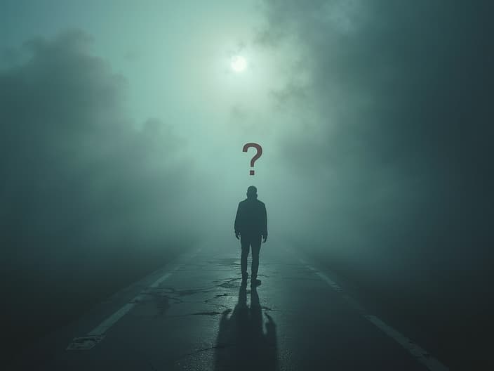 Person standing at a crossroads with a question mark, mystical fog, studio lighting