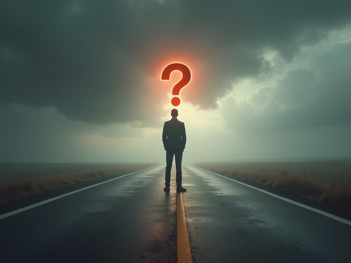 Person standing at a crossroads with a question mark, studio lighting