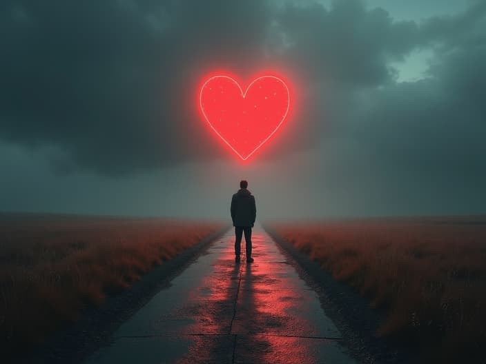 Person standing at a crossroads with one path leading to a heart, studio lighting