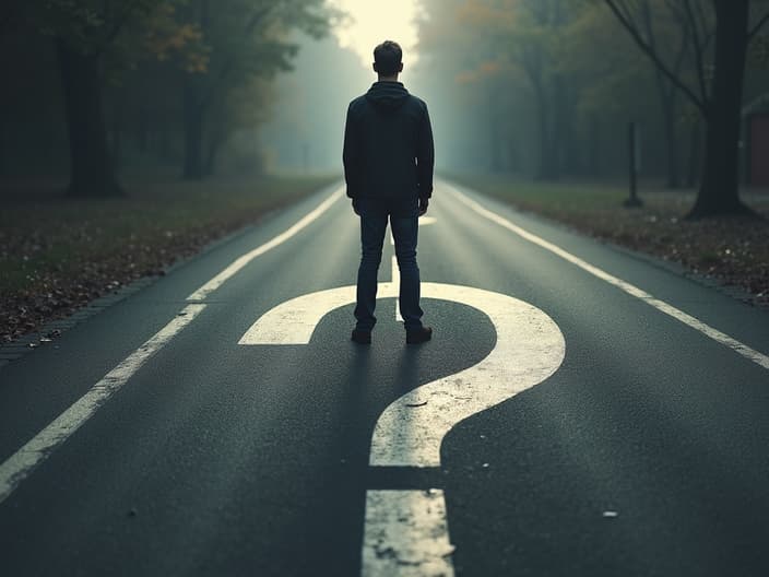 Person standing at a fork in the road with a question mark, studio setup