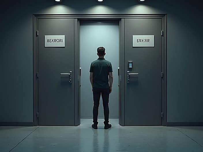 Person standing between two doors labeled with career symbols, studio setup