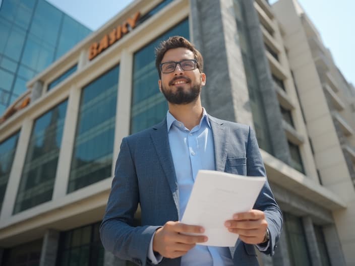 Person standing confidently in front of bank building, consumer rights pamphlet in hand