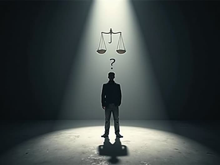 Person standing in spotlight with question mark shadow, scales of justice in background