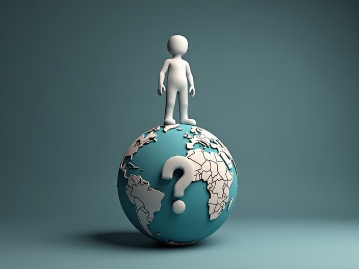 Person standing on a globe with a question mark, studio photography