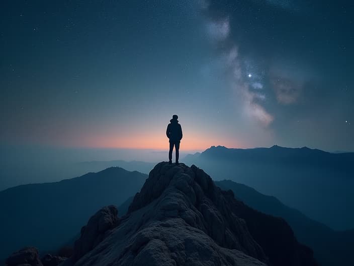 Person standing on a mountain top with a starry sky, soft focus studio shot, purpose theme