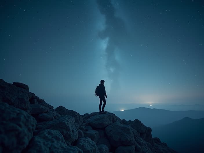 Person standing on a rocky mountain with a starry sky, soft focus studio shot, grounding theme