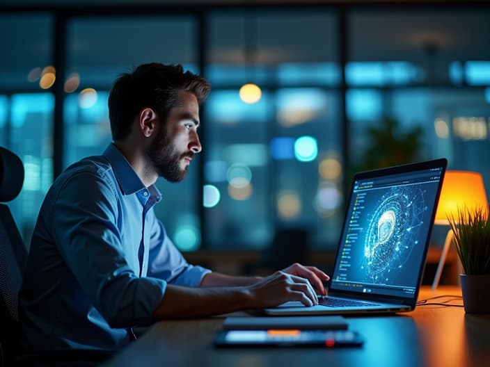 Person studying AI concepts on laptop, modern office setting