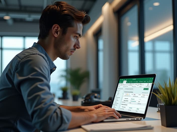 Person studying Excel on laptop, modern office setting