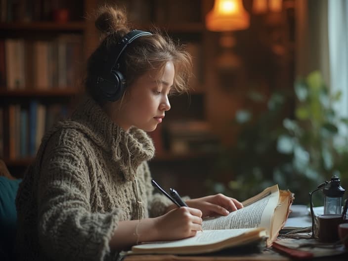 Person studying language books with headphones on, looking focused