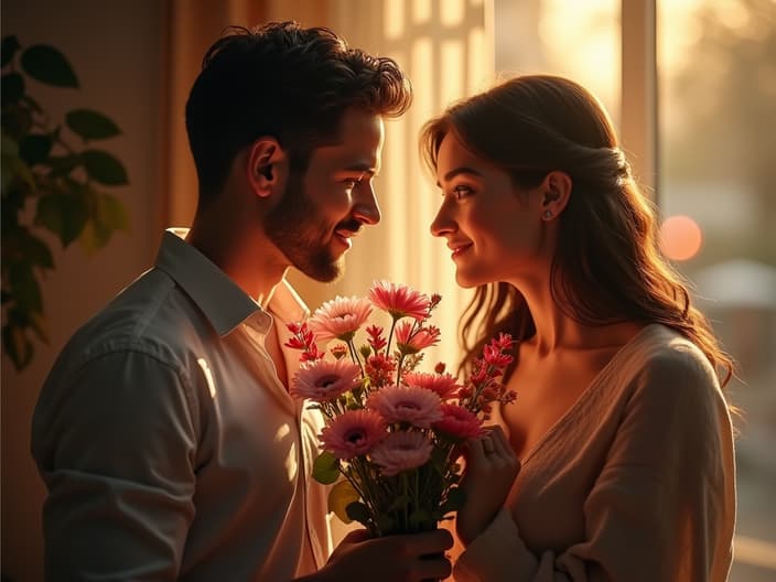 Person surprising their partner with flowers and a small gift