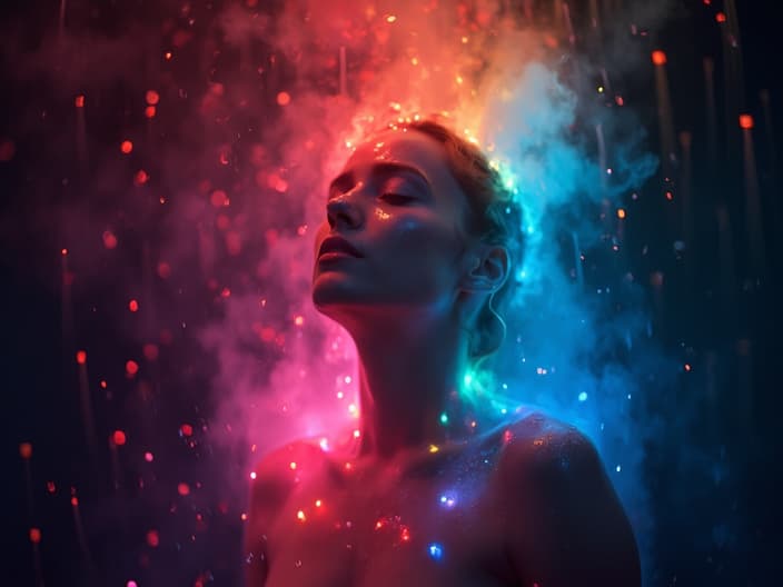 Person surrounded by a rainbow aura being cleansed, studio lighting