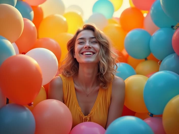 Person surrounded by uplifting colors and balloons, studio setup