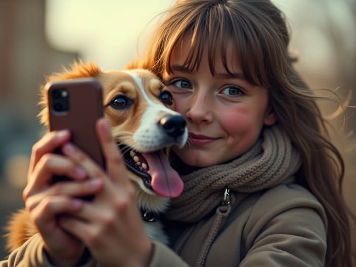 Person taking a selfie with a dog, with a smartphone