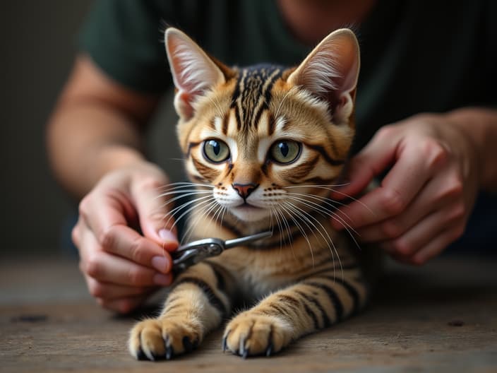 Person trimming a cat's claws, cat looking calm