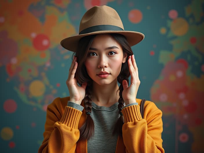 Person trying on different career hats, colorful studio backdrop