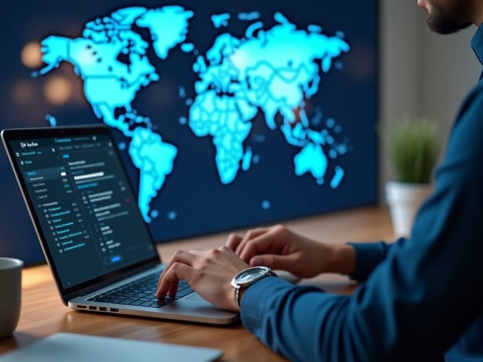 Person using LinkedIn on laptop with world map in background, modern workspace