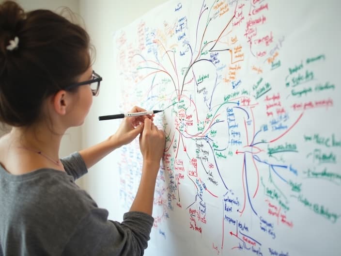 Person using mind mapping techniques with colorful markers on a large paper