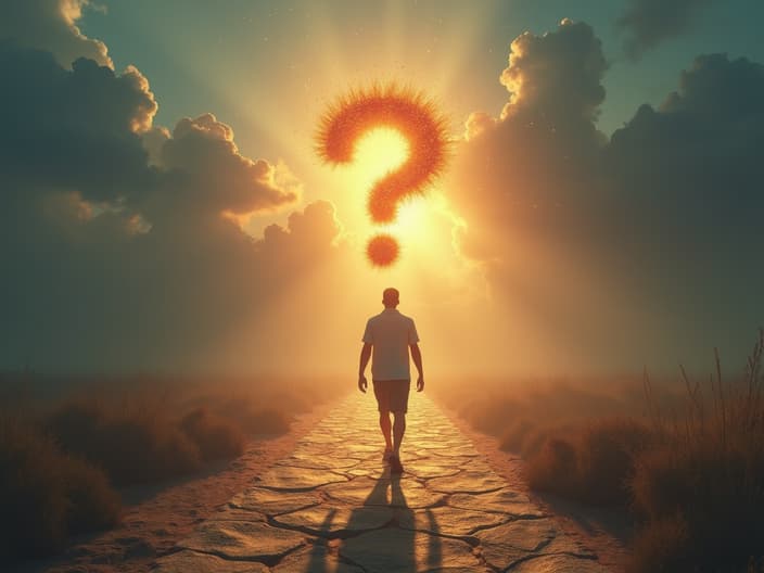 Person walking on a spiritual path with a question mark, studio setup