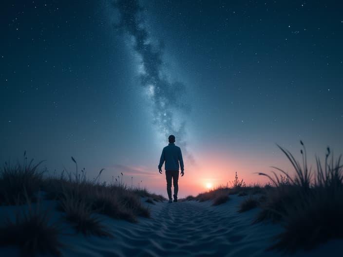 Person walking through a starry landscape, soft focus studio shot, positive vibes