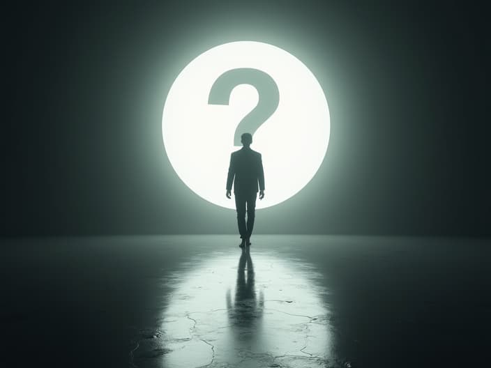 Person walking towards a bright light with a question mark, studio setup