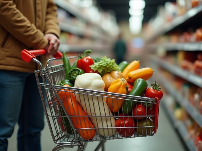 Person with a shopping cart full of groceries and a list of deals