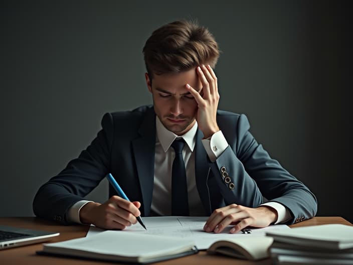 Person with head in hands at a desk, looking stressed