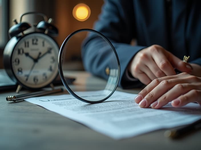 Person with magnifying glass reading complex contract, clock ticking in background