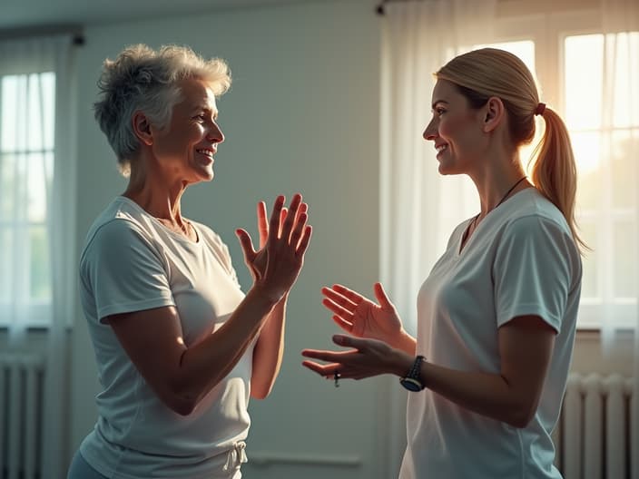 Person with osteoporosis doing safe exercises, trainer explaining benefits