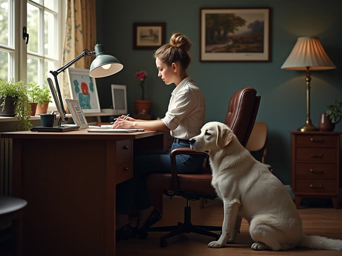 Person working at a desk with a dog by their side