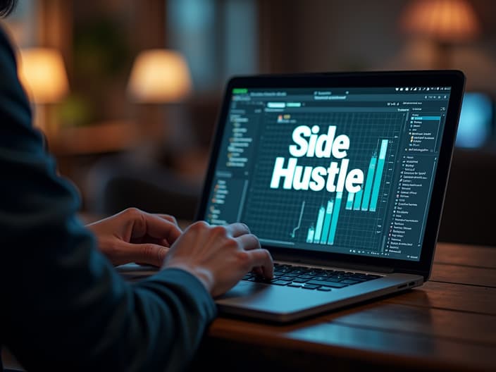 Person working on a laptop with 'Side Hustle' written on screen