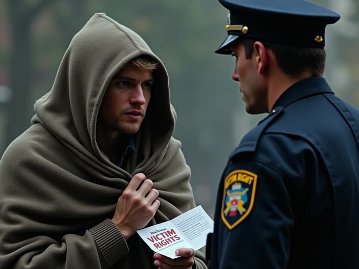 Person wrapped in blanket talking to police officer, 'VICTIM RIGHTS' pamphlet visible