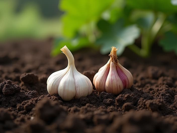 Planting garlic cloves in soil, step-by-step process, garden setting with studio lighting