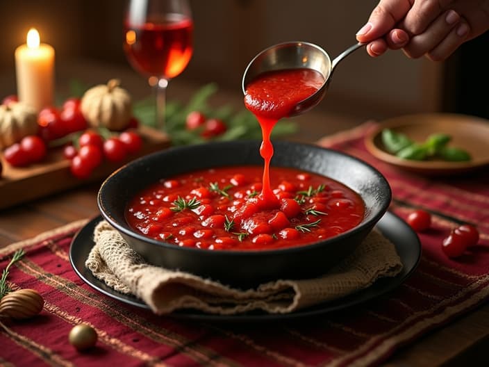 Polish Christmas Eve red borscht being served, festive table setting