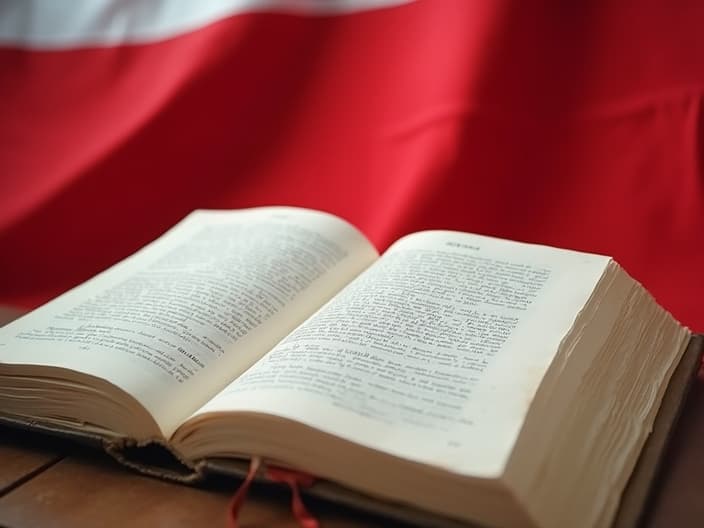 Polish constitution book open to 'Rights and Freedoms' chapter, Polish flag in background