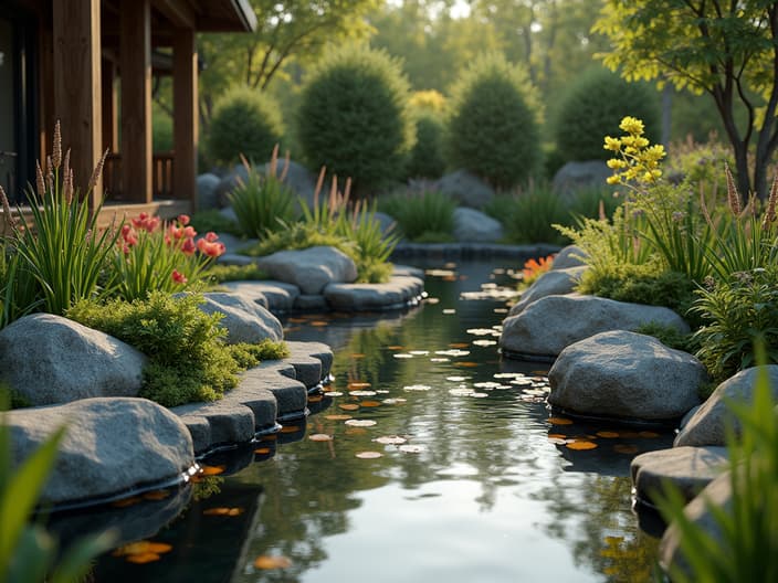 Pond design and construction in the garden, outdoor setting with studio lighting