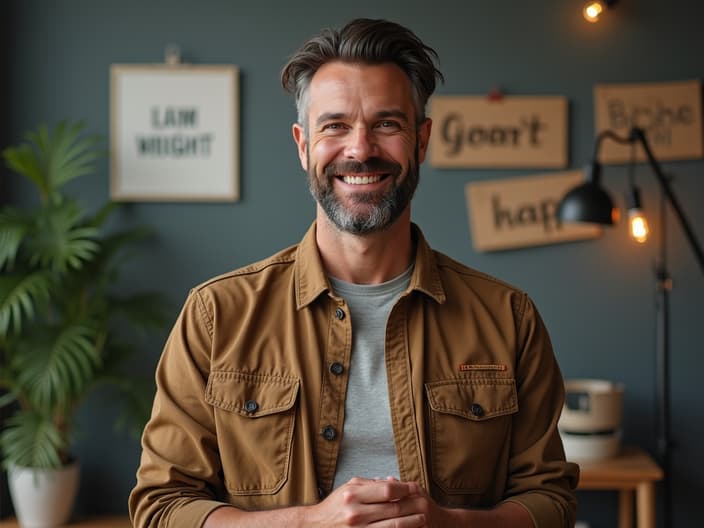 Portrait of an encouraging man in a casual outfit, studio setting with motivational props