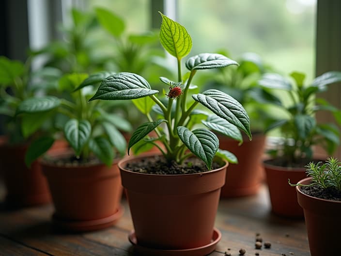 Potted plants with spider mites, natural and chemical solutions, indoor setting with studio lighting