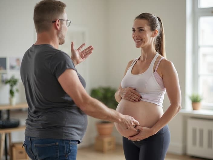 Pregnant woman doing safe exercises, trainer explaining guidelines