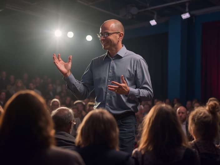 Presenter demonstrating confident body language while speaking to an audience