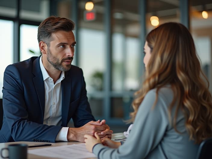 Professional calmly discussing salary expectations with recruiter, office environment